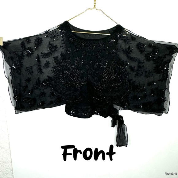 Pure silk sequined and beaded blouse Tie-side Embellished Sheer Black Blouse S - Picture 5 of 13